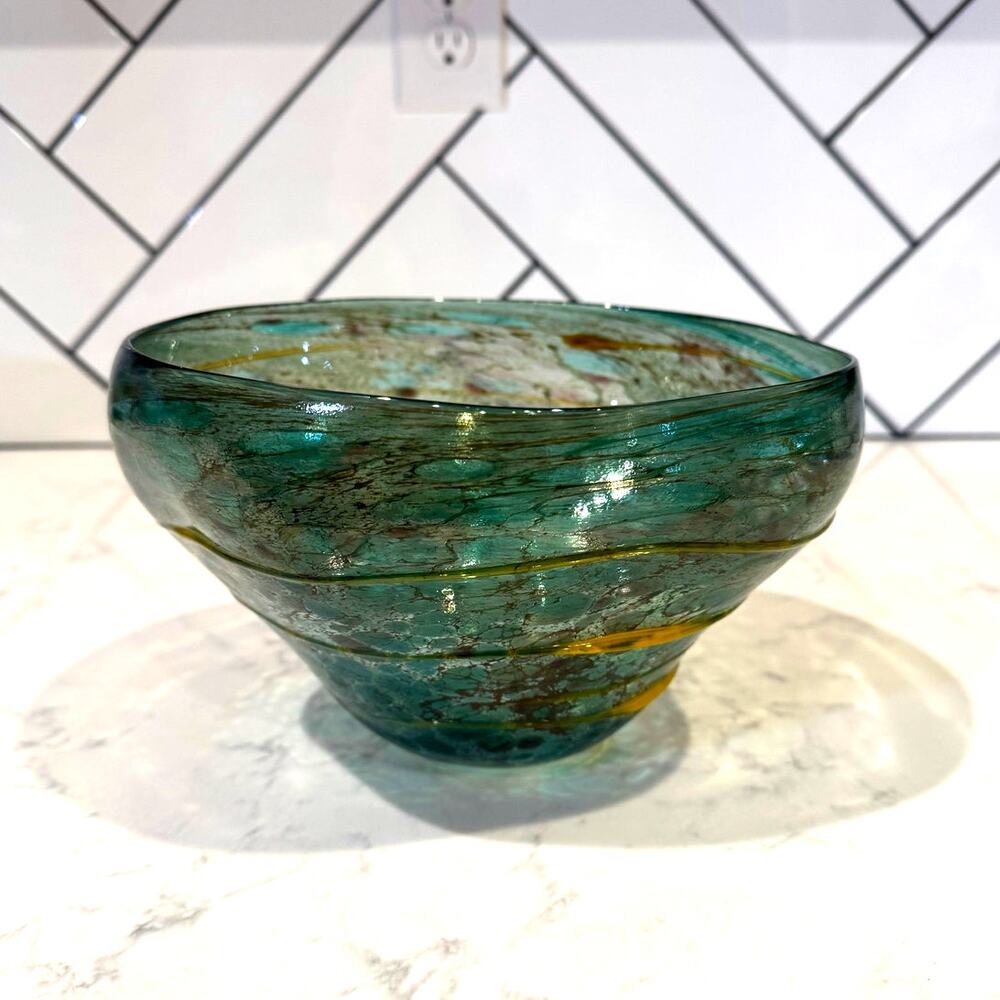 Vintage hand-blown glass vase bowl freeform wavy rim internal yellow green swirl